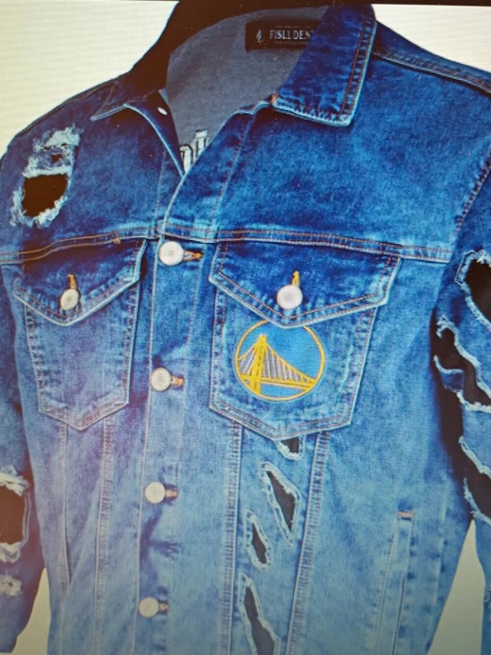 Men's FISLL NBA Golden State Warriors Denim Jacket Animal Print Claw Marks 2XL